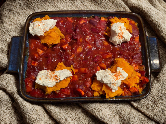 BBQ baked beans met gepofte zoete aardappel