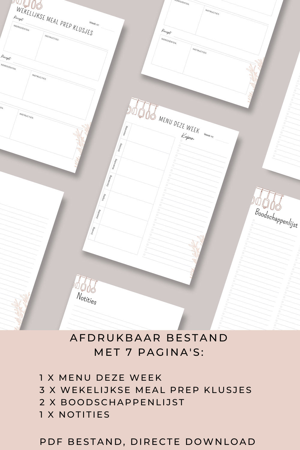 Maaltijdplanner afdrukbaar, wekelijkse menuplanner met maaltijdvoorbereiding en boodschappenlijst, direct downloaden, PDF-bestand