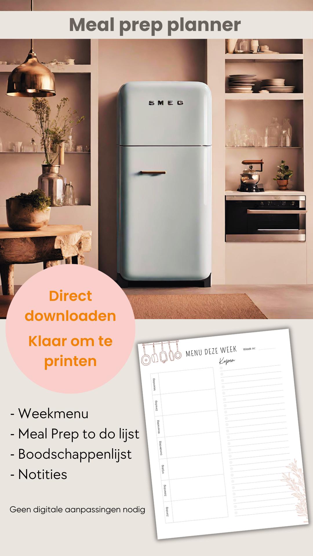 Maaltijdplanner afdrukbaar, wekelijkse menuplanner met maaltijdvoorbereiding en boodschappenlijst, direct downloaden, PDF-bestand