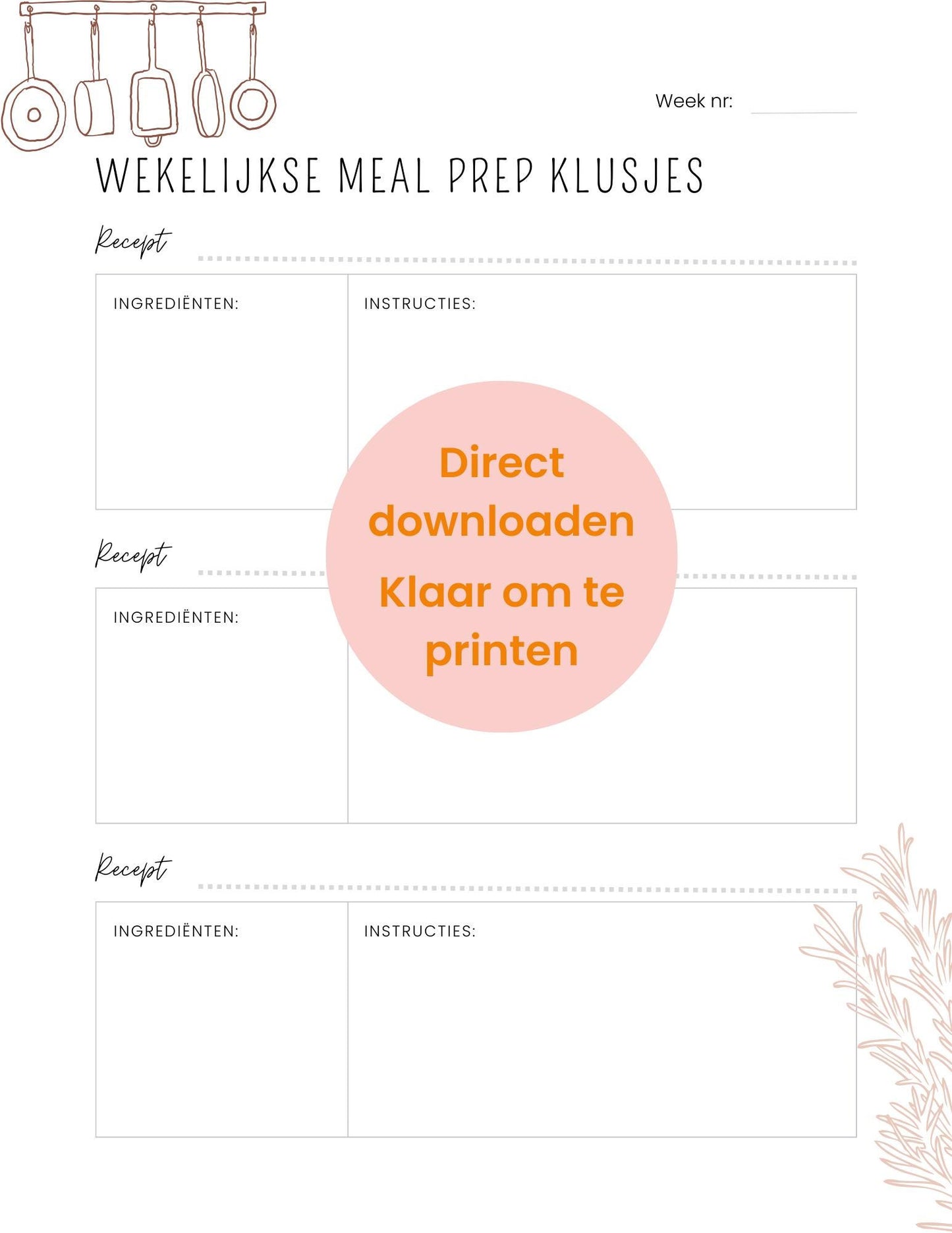 Maaltijdplanner afdrukbaar, wekelijkse menuplanner met maaltijdvoorbereiding en boodschappenlijst, direct downloaden, PDF-bestand