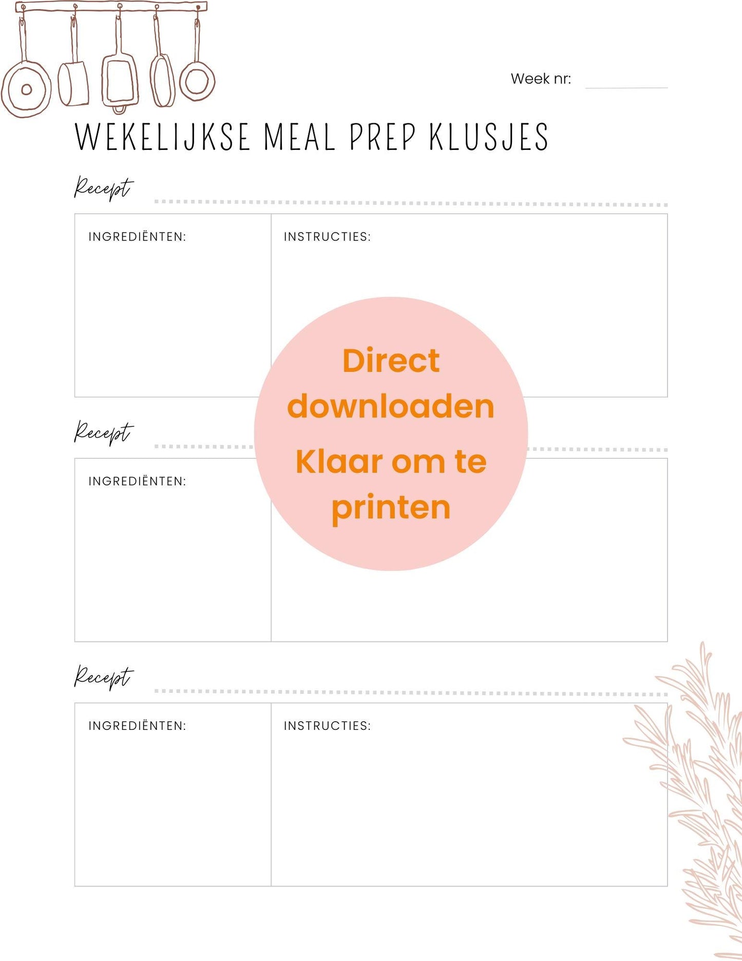 Maaltijdplanner afdrukbaar, wekelijkse menuplanner met maaltijdvoorbereiding en boodschappenlijst, direct downloaden, PDF-bestand