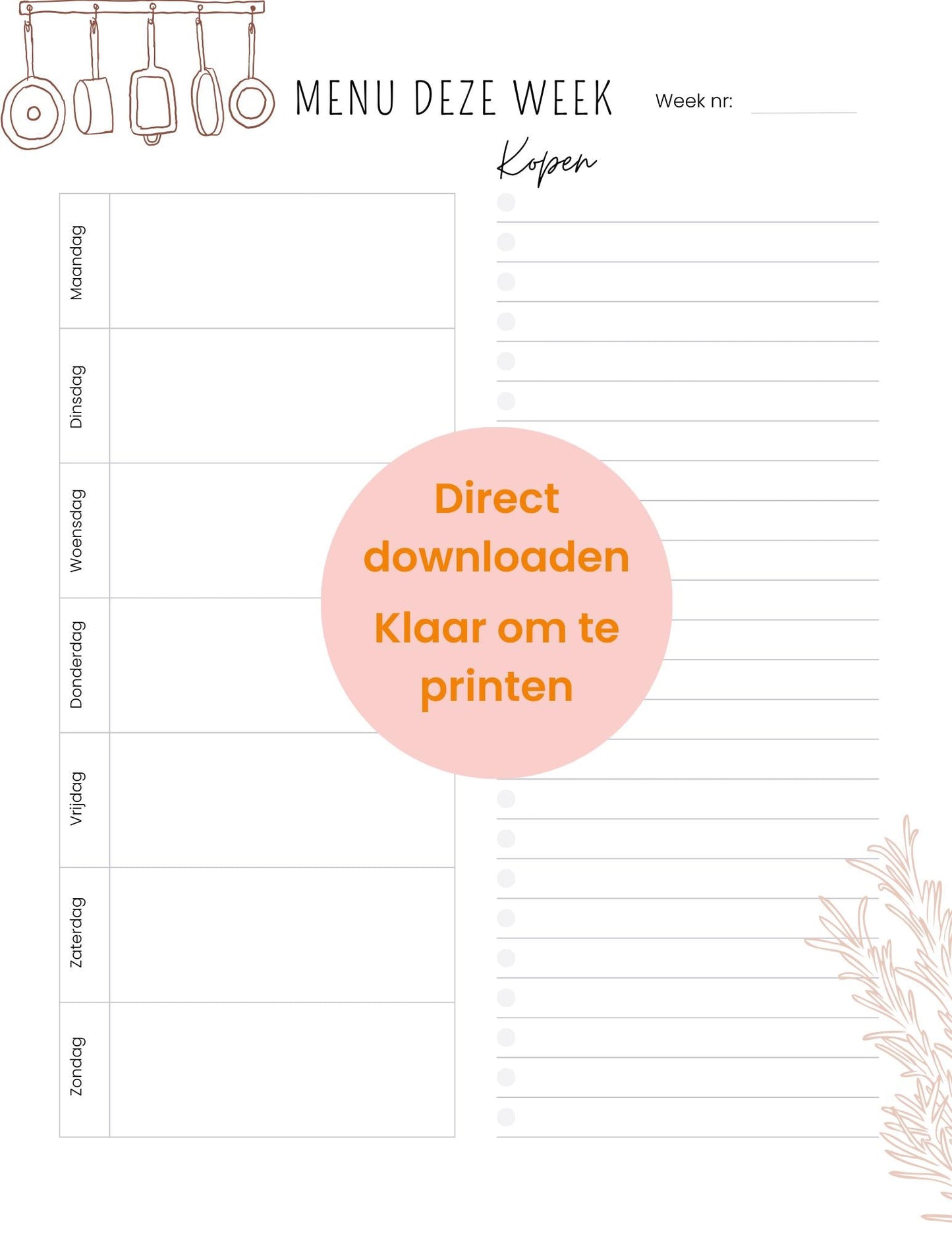Maaltijdplanner afdrukbaar, wekelijkse menuplanner met maaltijdvoorbereiding en boodschappenlijst, direct downloaden, PDF-bestand