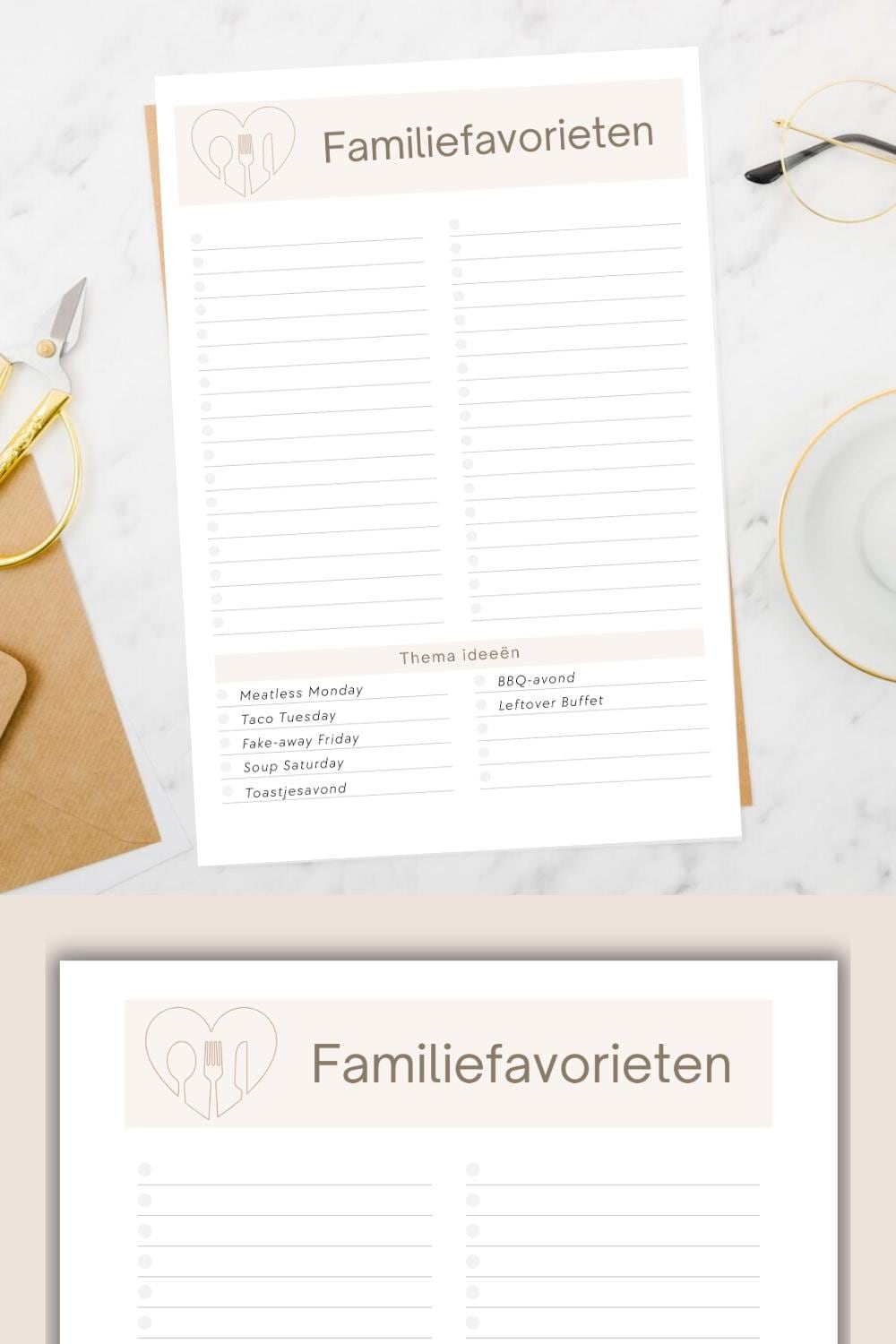 Printbare lijst om favoriete gerechten van jouw gezin bij te houden als familiefavorieten, inclusief een verzameling ideeën voor thema’s