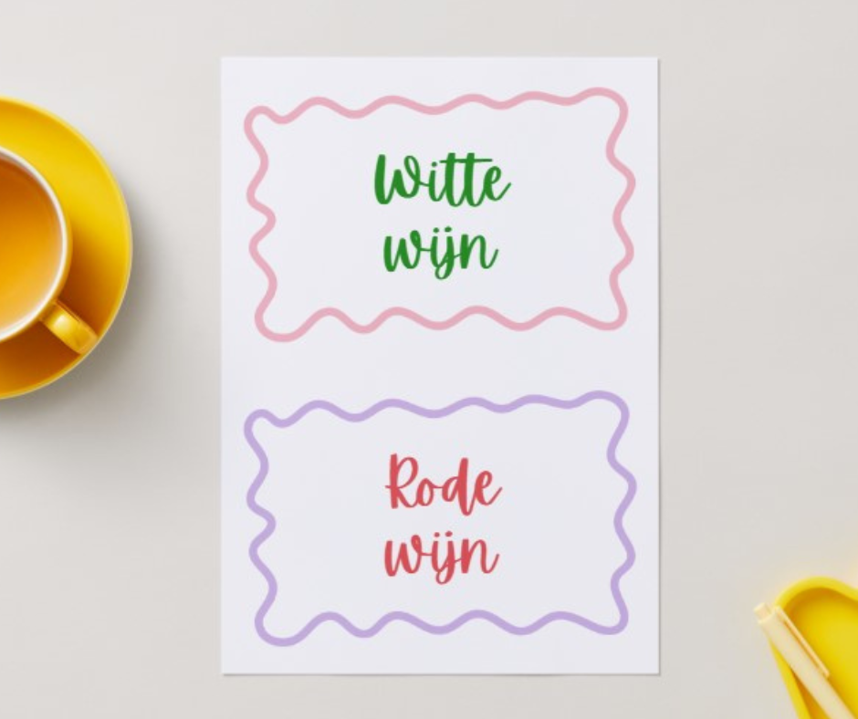 TRAKTATIE - Gezonde traktie voor collega's, Printbaar witte & rode “wijn” kaartje