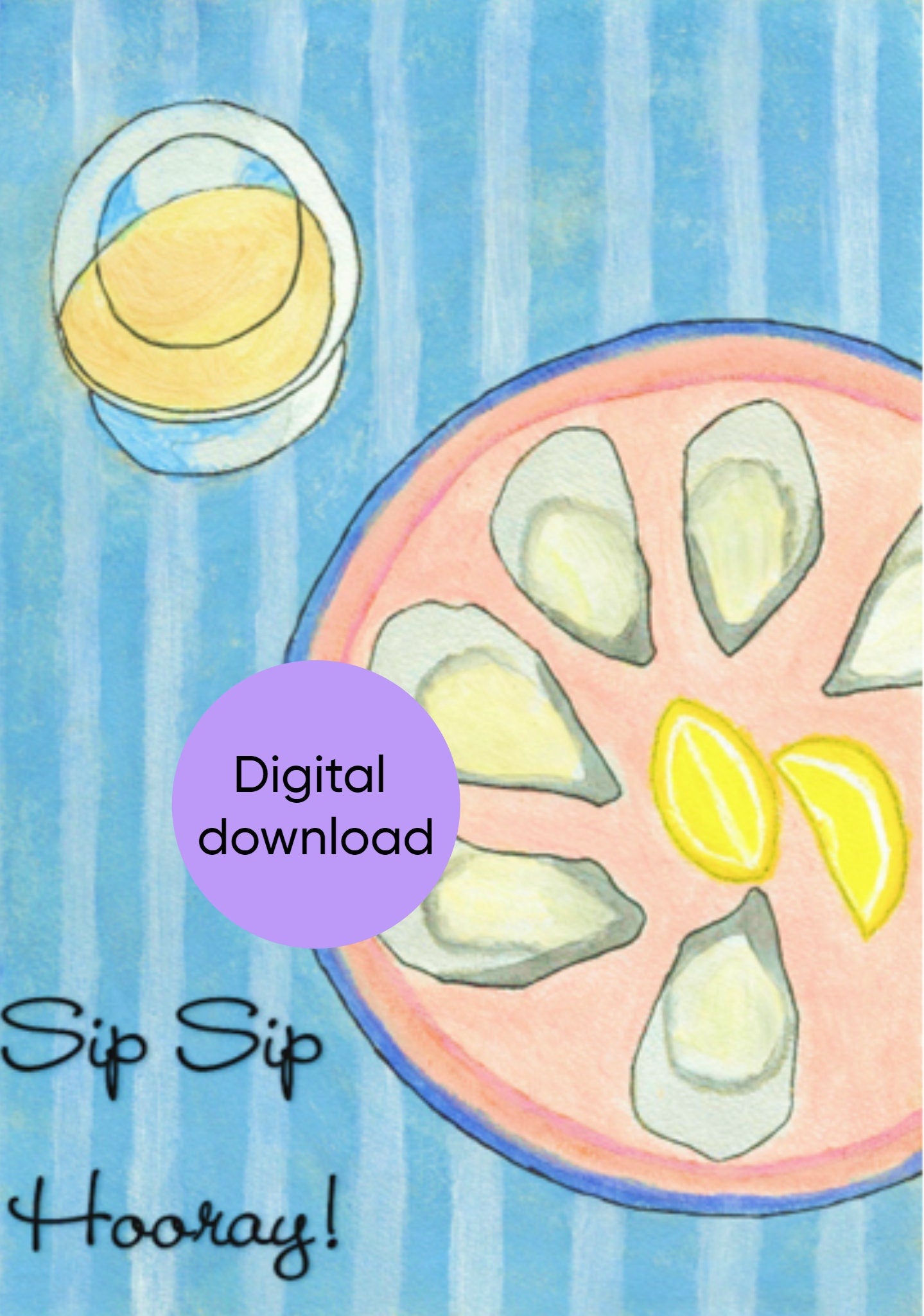 Printbare verjaardagskaart, printbare felicitaties, digitale download, handgetekende kaart, oesters en wijn, direct downloaden en printen, meerdere keren te gebruiken
