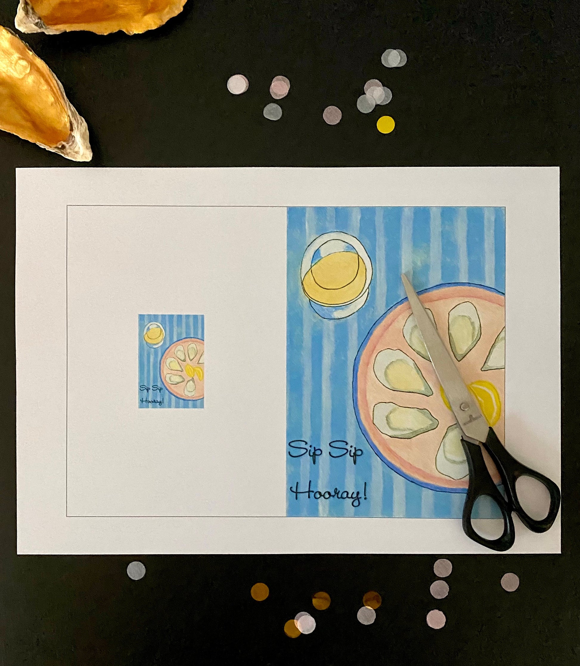 Printbare verjaardagskaart, printbare felicitaties, digitale download, handgetekende kaart, oesters en wijn, direct downloaden en printen, meerdere keren te gebruiken
