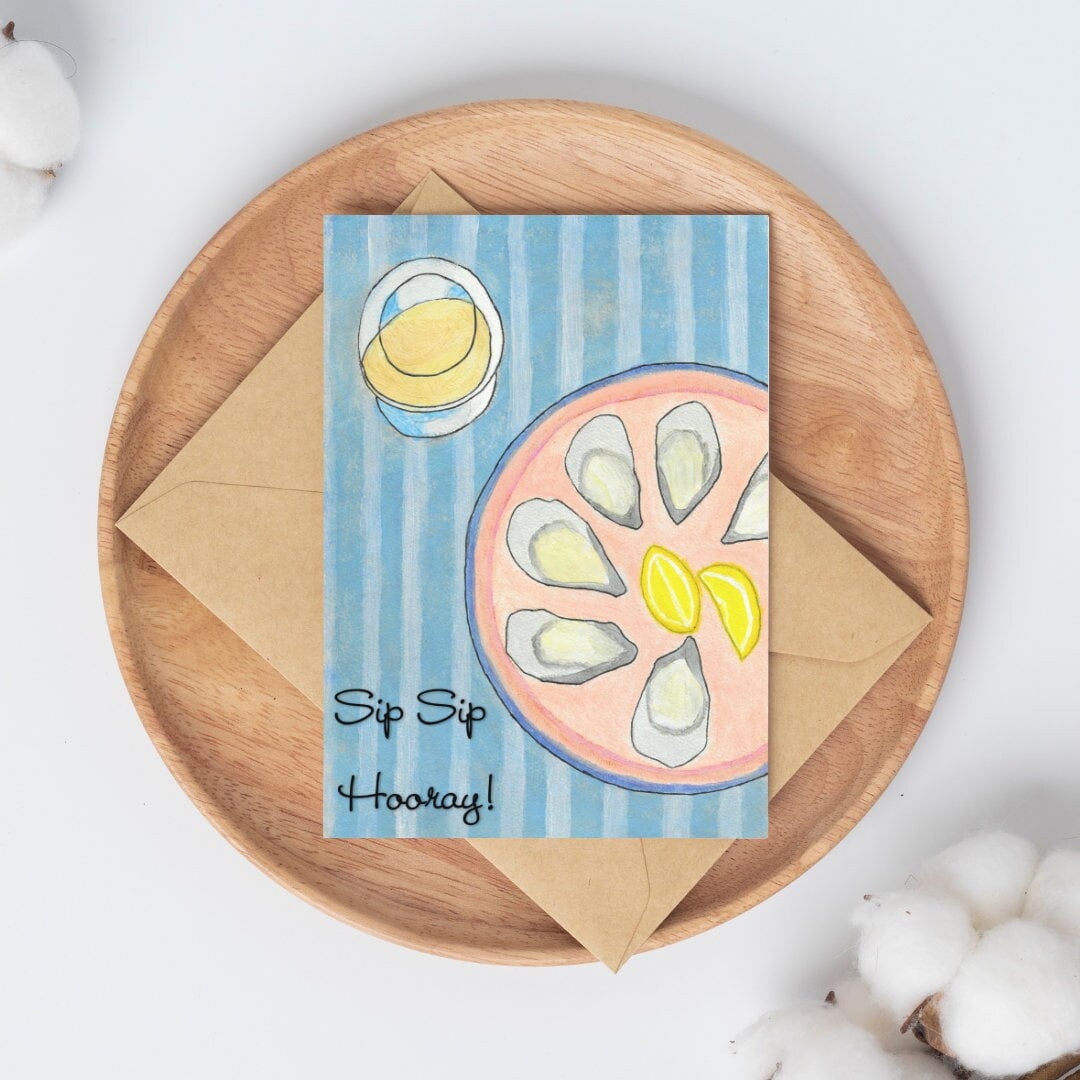 Printbare verjaardagskaart, printbare felicitaties, digitale download, handgetekende kaart, oesters en wijn, direct downloaden en printen, meerdere keren te gebruiken