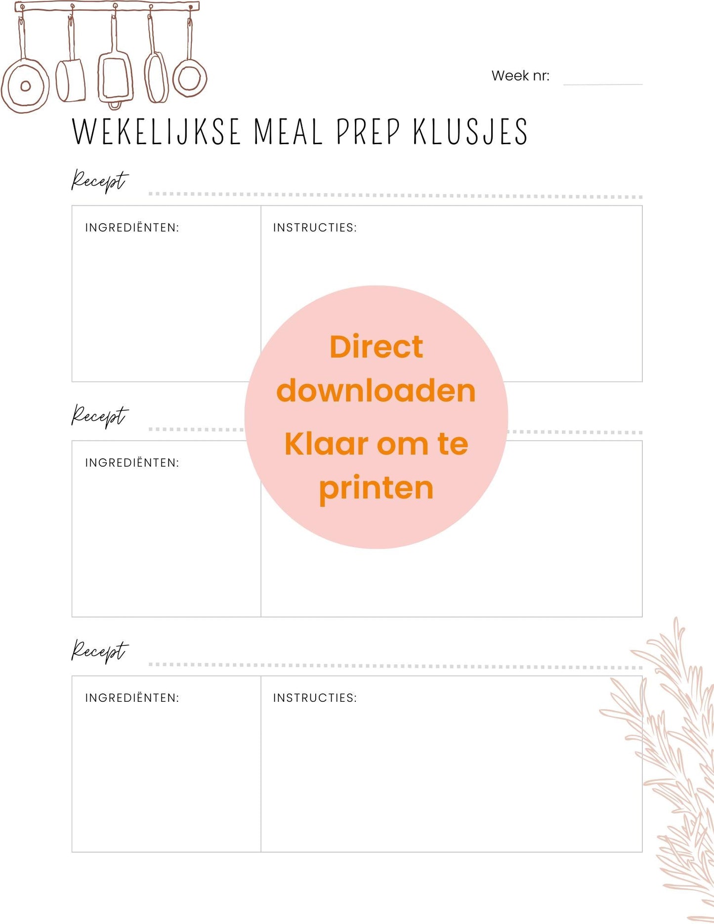 Maaltijdplanner afdrukbaar, wekelijkse menuplanner met maaltijdvoorbereiding en boodschappenlijst, direct downloaden, PDF-bestand