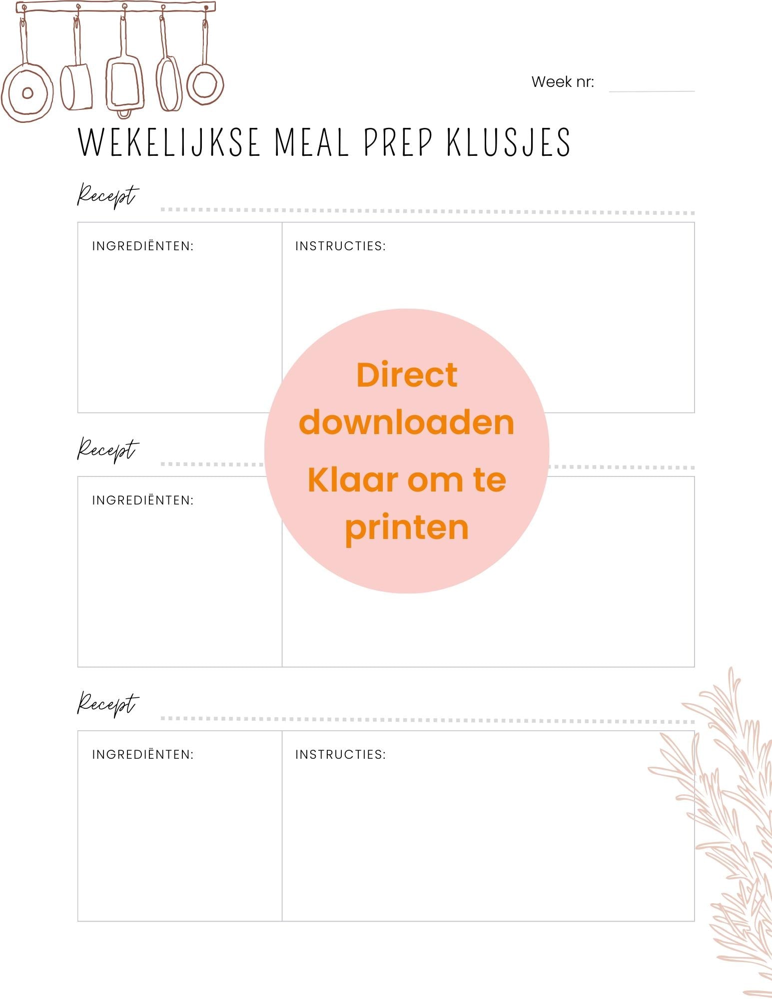 Maaltijdplanner afdrukbaar, wekelijkse menuplanner met maaltijdvoorbereiding en boodschappenlijst, direct downloaden, PDF-bestand