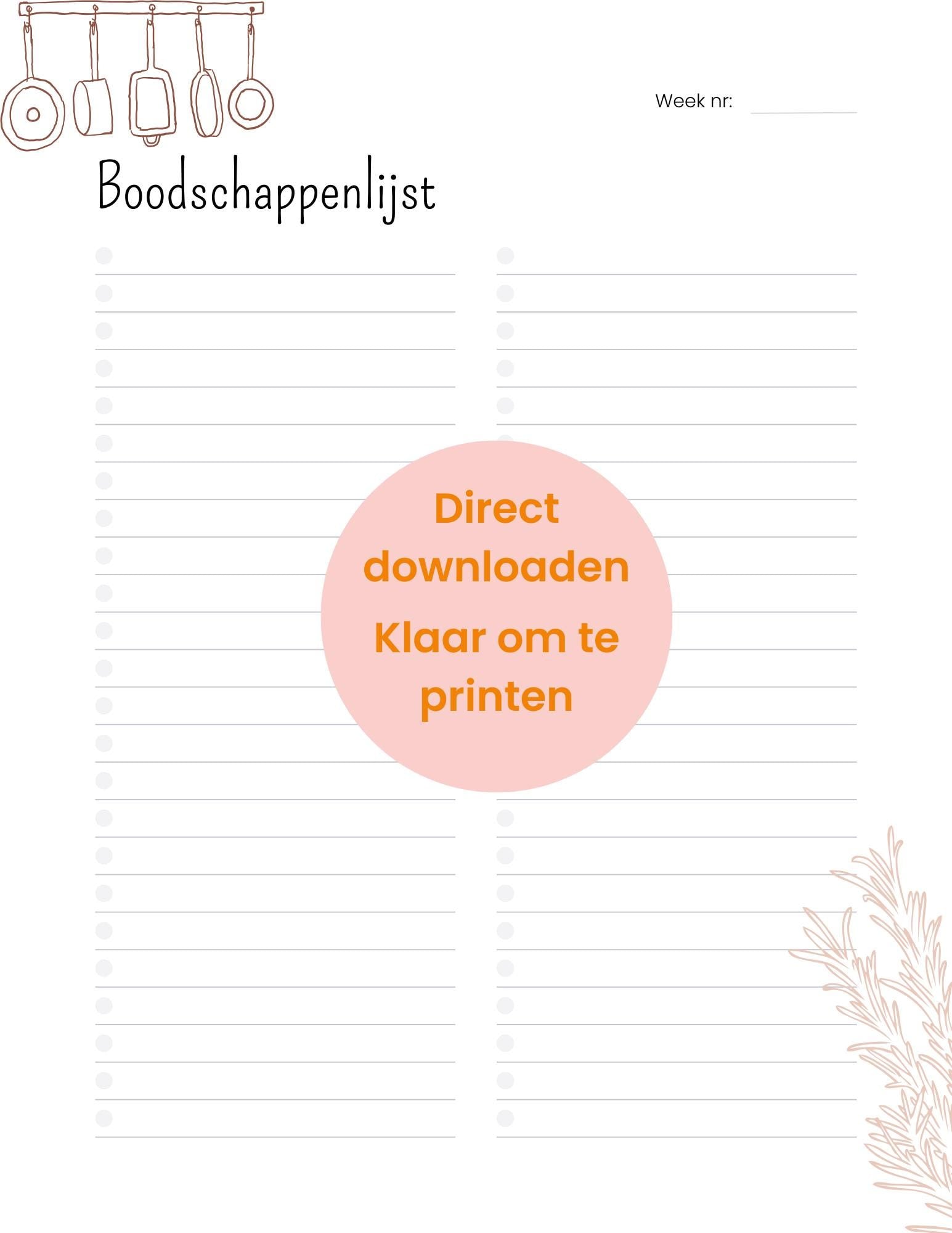 Maaltijdplanner afdrukbaar, wekelijkse menuplanner met maaltijdvoorbereiding en boodschappenlijst, direct downloaden, PDF-bestand
