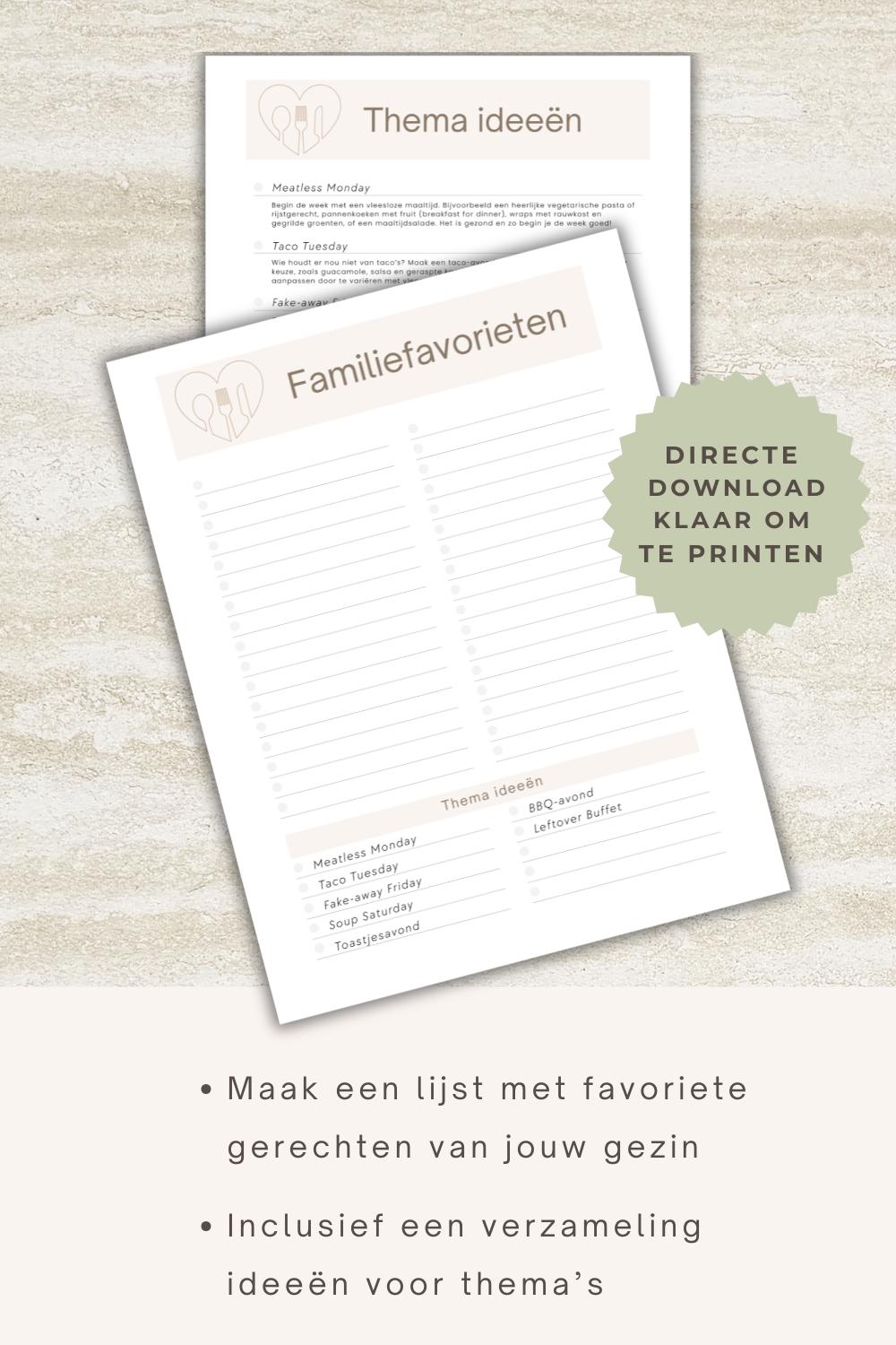Printbare lijst om favoriete gerechten van jouw gezin bij te houden als familiefavorieten, inclusief een verzameling ideeën voor thema’s